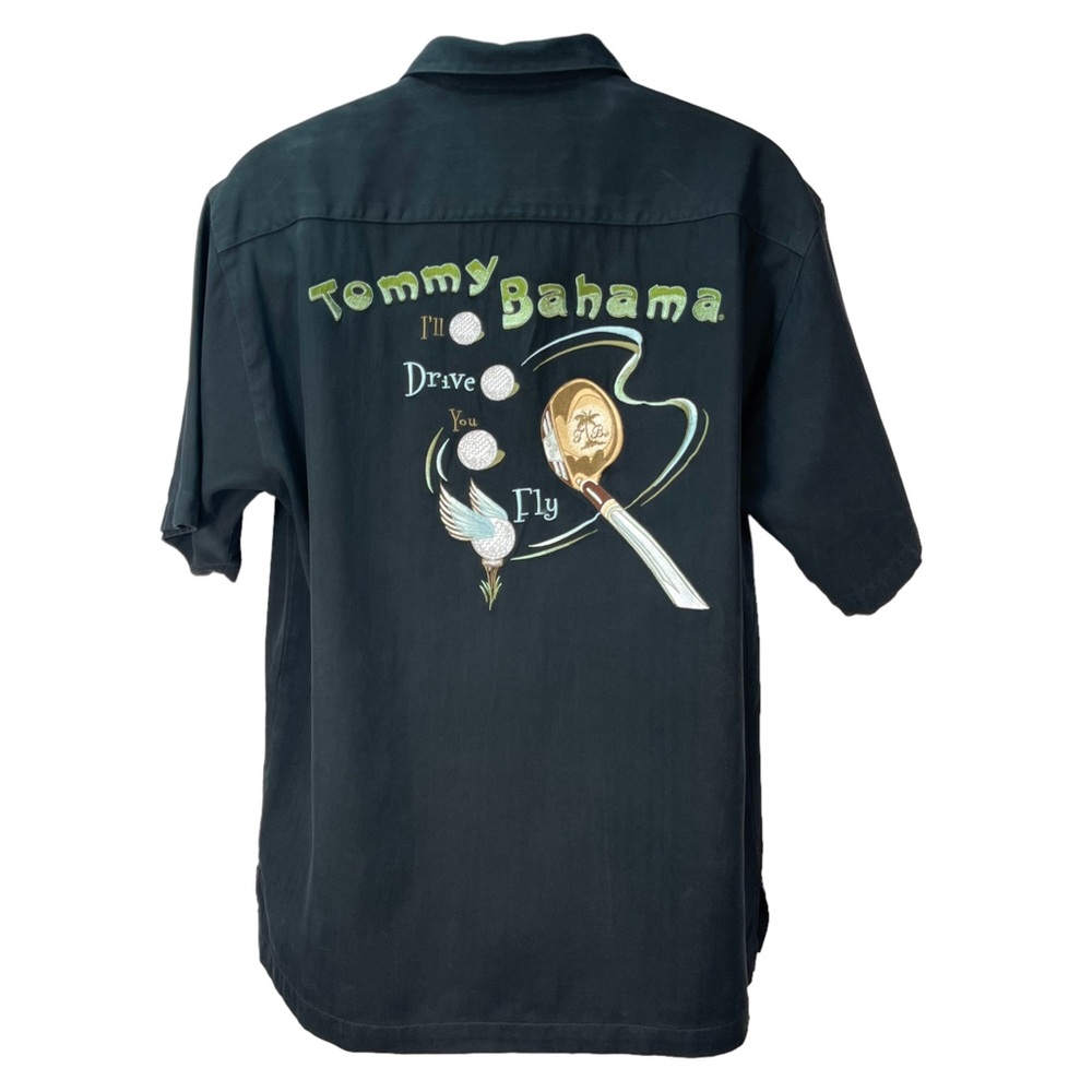 Tommy Bahama Mens‎ M Silk Camp Shirt Golf Graphic Coconut Buttons Black